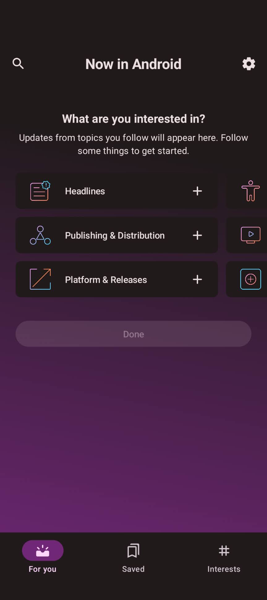 A single news article detail in the 'Now in Android' app, showing a title, author, and description.